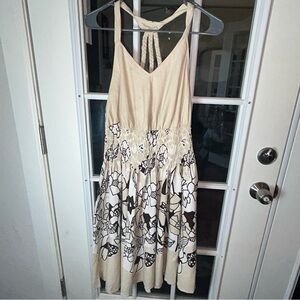 Boho Cream and Black Halter Dress with Braided Straps, Size Medium